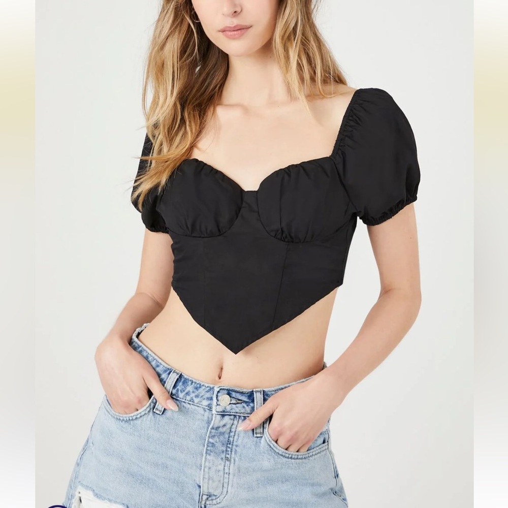Forever 21 PUFF-SLEEVE POPLIN BUSTIER CROP TOP